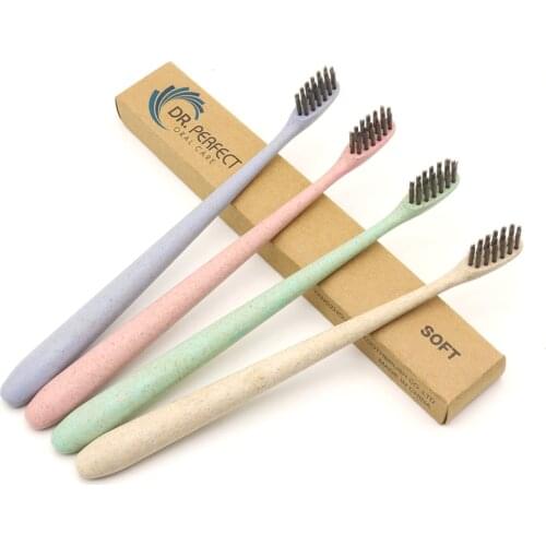 DR.PERFECT 4 Pieces 100% Natural Wheat Toothbrushes Round Handle With Natural Bamboo Charcoal Bristles