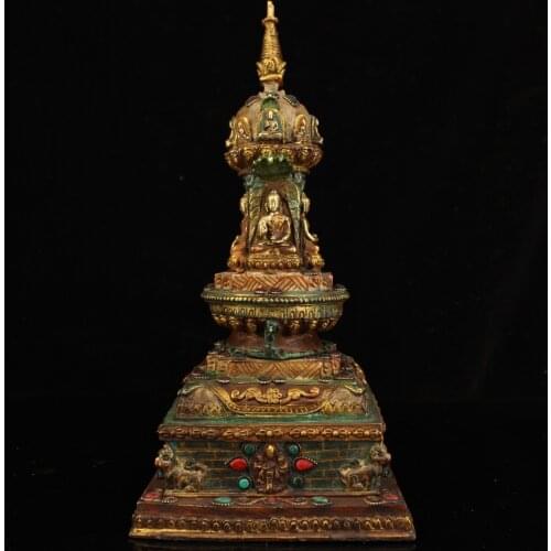 13"Nepal temple collection Old Bronze outline in gold Painted mosaic Gem Shakyamuni Buddha pagoda stupa Ornaments Town House