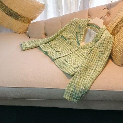 Brand fashion womens high-end luxury autumn elegant green plaid ladies beaded woven short jacket coat