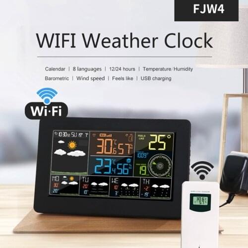WiFi Weather Station Indoor Outdoor Color Digital Wall Thermometer Hygrometer Barometer Wind Weather APP Forecast Alarm Clock