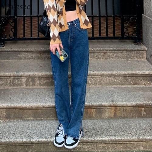 Jeans Women Vintage High Waist Loose Mopping Side-slit Full Length Trousers Students Soft Popular Leisure Chic Classic Ulzzang