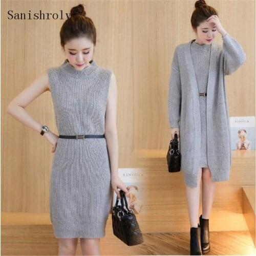 Two-pieces Set Autumn Winter Women Sweater Dress + Long Cardigan Sets Female With Belt Knitted Tank Dress Suits Vestidos CD068
