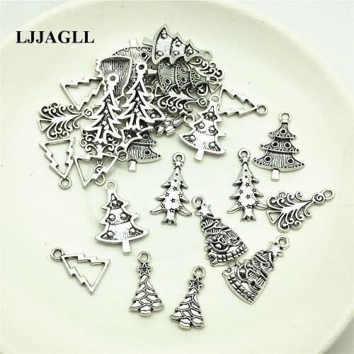 LJJAGLL 20Pcs/lot Antique Silver Mixed Trendy Metal Christmas Trees Charms Pendants Plant Tree Diy Jewelry Decoration ASD019
