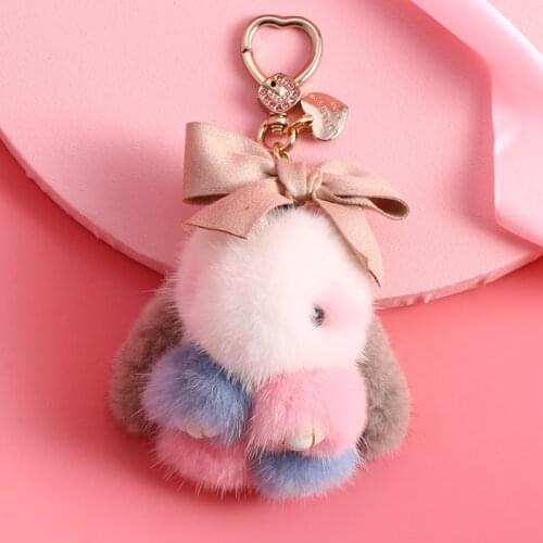 MILESI Cute Fur Bunny Keychain Rex Rabbit Pompom Pendant Car Handbag Keyring for Girl Women CZ006
