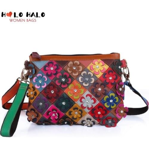Fashion Shoulder Bags for Ladies Genuine Leather Flowers Purses Retro Womens Wallet Splicing Colourful Crossbody Bags Clutch