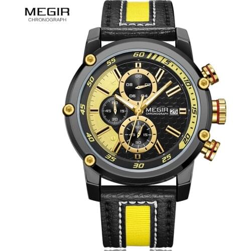 Mens Yellow Sports Chrongoraph Wrist Watches Army Military Leather Quartz Stop Watch Clock Man Relogios Masculino 2079G1N3