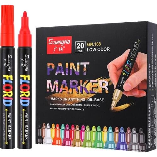 20 Color Paint Pens Set Hand-Painted Ceramic Graffiti Glass Stone Tire Metal Permanent Brush Tip Marker Touch-Up Pen Wholesale