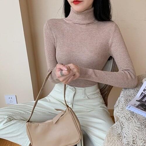 2021 New Womens Autumn Winter Turtleneck Pullovers Sweater Woman Primer Shirt Long Sleeve Short Slim-fit tight Jumper Top Solid