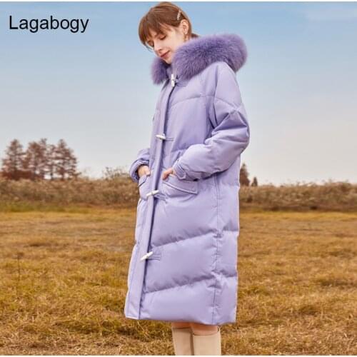 Lagabogy 2021 New Winter Women 90% White Duck Down Parka Female Thick Warm Hooded Puffer Jacket Real Fox Fur Windproof Snow Coat