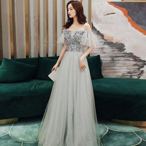 2020 New Arrival Floor Length Sexy Off Shoulder Tulle Evening Dress Sequined Prom Gowns Plus Size Vestido Largo De Noche