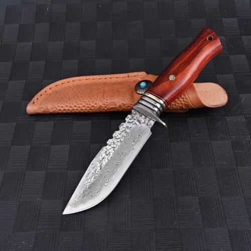 Handmade real Damascus steel hunting knife 58 HRC Damascus Steel camping fixed knife ebony handle with Leather sheath