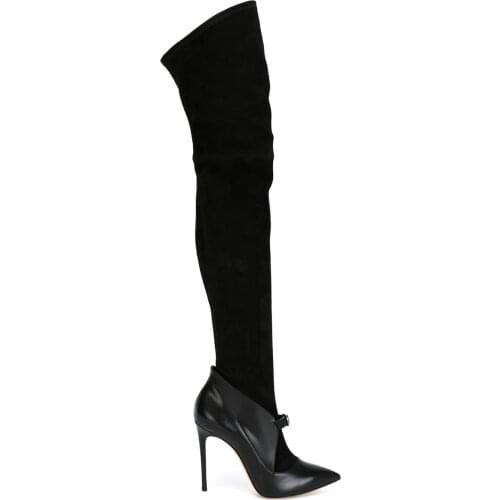 Sexy Woman Black Leather Patchwok Over The Knee Boots Pointed Toe Spring Women Thin High Heel Stretch Slip on Thigh boots