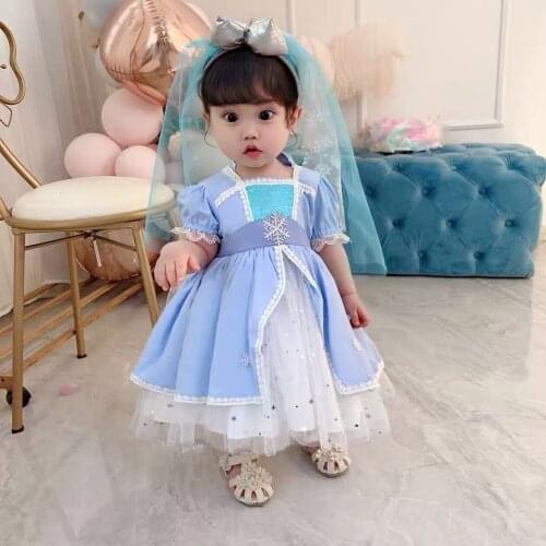Long Sleeve Girls Blue Snow Ice Princess Lolita Dress for Girls Easter Birthday Party Dress