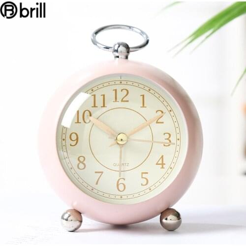 Simple Round Alarm Clock Silent Pointer Metal Creative Alarm Clock Students Clock Sound Quiet Night Light Alarm Clock Desk 50