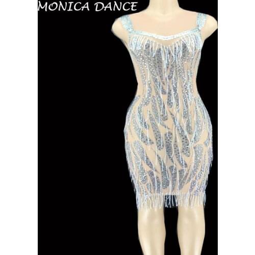 Stage Women Sexy Rhinestones Tassels See Through Dress Prom Party Mesh Costume Women Evening Dance Birthday Celebrate Dress