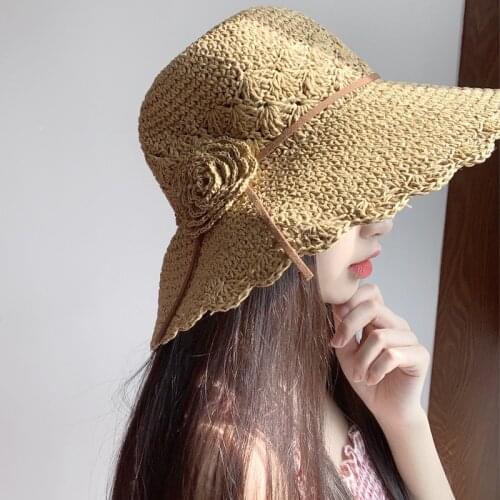 Hig Quality 3D Floral Straw Summer Sun Visor Hats For Women Lady Foldable Fashion Handmade Cap Wide Brim Panama Beach Hat Gorras