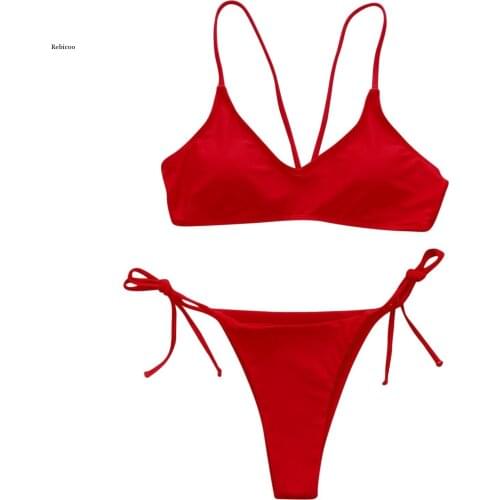 Sexy Women Metal Ring Bandage Micro Swimsuit Solid Printing Two Piece Bikini Set Push Up Bathing Swimwear New Red Color