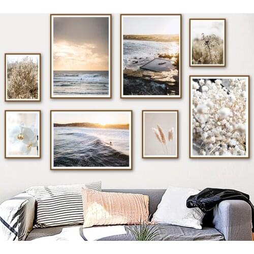 Sunset Glow Surf Flowers Hay Cotton Grass Nordic Posters And Prints Home Art Canvas Painting Wall Pictures For Living Room Decor