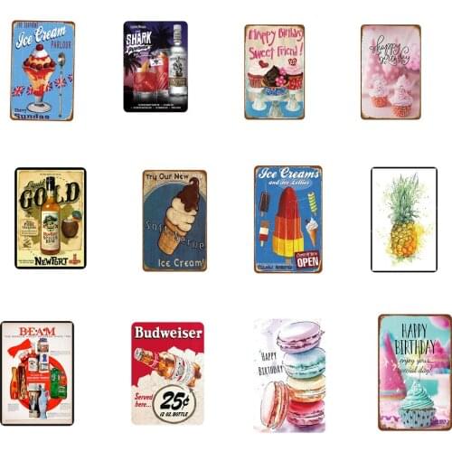 CakePineappleWine Bottle Retro Tin Sign Coffee Bar Restaurant Wall Art decoration Bar Metal Paintings Retro Iron Painting