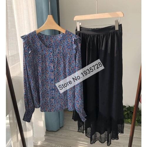 Ladies Silk O Neckline Buttoned Long Sleeve Floral Printed Blouse Shirt Top