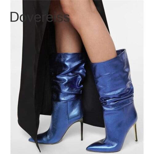 Dovereiss Fashion Female Boots Winter Blue Sexy Elegant Clear Heels Pointed Toe Stilettos Heels Knee High Boots 46 47 48