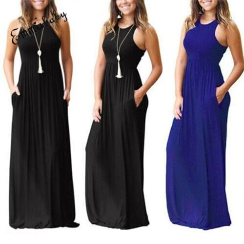Plus Size Womens Boho Long Maxi Dress Sleeveless O Neck Solid Dresses Loose Beach Holiday Casual Summer Sundress