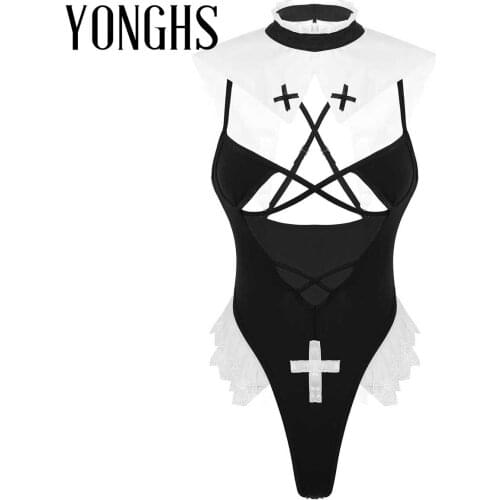 Womens Erotic Lingerie Bodysuit Sexy Role Play Games Costume Suit Deep V Front High Cut Thong Leotard Bodysuit with Neck Collar
