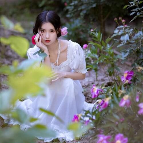 LYNETTES CHINOISERIE Summer Original Design Women Sweet Royal Vintage Puff Sleeves Lace Embroidery White Cotton Dresses