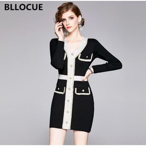 BLLOCUE Knitted Women Mini Dress 2020 Autumn Button Tassel Pocket Elegant Dresses Office Lady Vintage Slim Elastic Dress