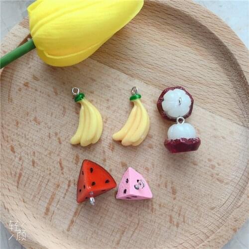 10pcs/pack Banana Watermelon Mangosteen Resin Fruit Charms Craft Plastic Charms Earring Keychain DIY Jewelry Making