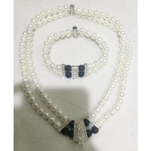 2 Strands Shell Pearl Necklace bracelet jewelry set 8mm white black mixed Natural South Sea Shell Pearl AAA 45cm 18