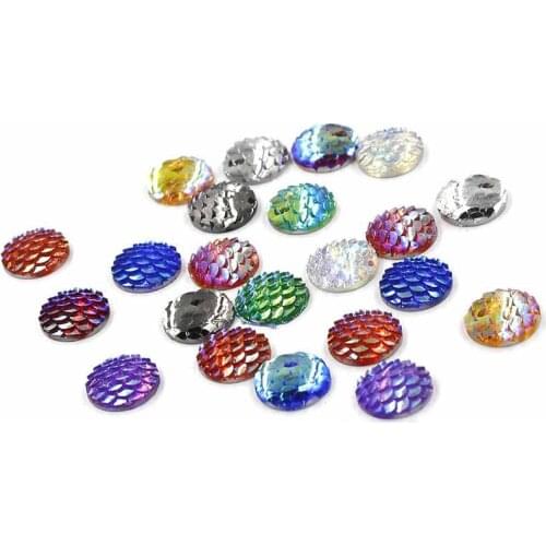 50pcs Mixed Colors 12mm Flatback Round Fish Scale Cabochons Resin Metallic Druzy Glitter Cabochon Beads for DIY Jewelry Making