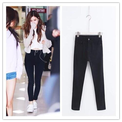 Kpop ROSE same Black High waist slim pencil pants women korean streetwear stretch slim wild trousers female sweatpants