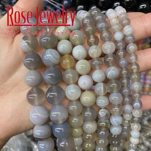 Natural Gray Striped Agates Beads Onyx Spacer Smooth Charms Beads For Jewelry Making Needlework Necklaces 4mm 6mm 8mm 10mm 12mm
