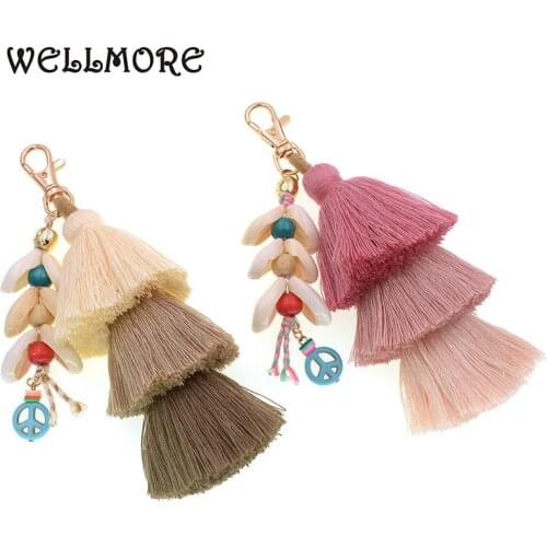 WELLMORE handmade Bohemia shell key chains for wommen long tassel alloy Key Chains Girl Bag Key chain fashion jewelry wholesale