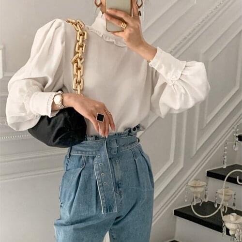 Pure color temperament high neck wooden ear stitching wild long-sleeved white shirt