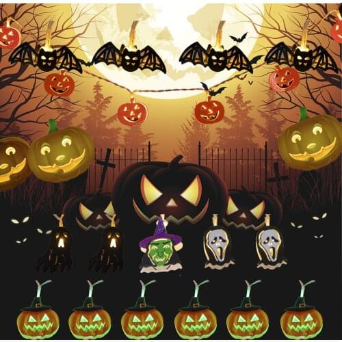 Halloween decorative LED string iron Halloween hat ghost pumpkin lantern battery box lights string room decoration skull lights
