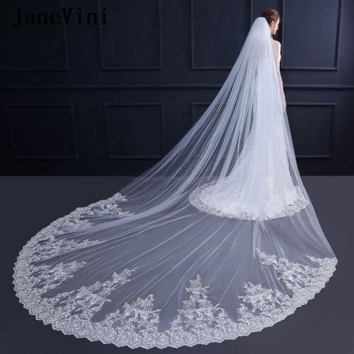 JaneVini Luxury White/Ivory Cathedral Wedding Veils with Comb One Layer Lace Appliques Edge Soft Tulle Long Bridal Veil Mariage