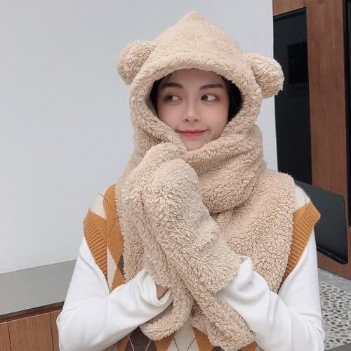 KENSHELLEY Lamb cashmere hat female autumn and winter cute hooded scarf hat warm and cold ear protection cotton hat