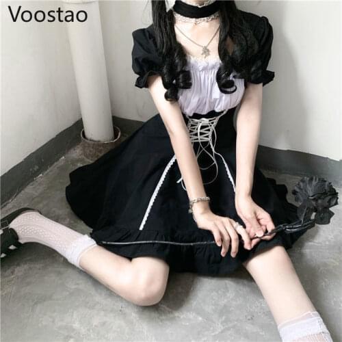 Japanese Soft Sister Cute Lolita Dress Women Victorian Gothic Puff Sleeve Slim Dress Party Retro Dark Girls Bandage Maid Dresses