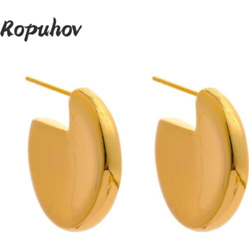 ROPUHOV Minimalist Metalic Unusual Earrings Statement Texture Copper Geometric Stud Earrings 2021 Gift New