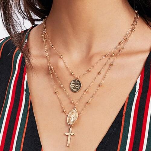 Fashion Multilayer Pendant Necklace for Women Geometric Metal Alphabet Sequins Virgin Mary Cross Gold Beaded Chain Necklace New
