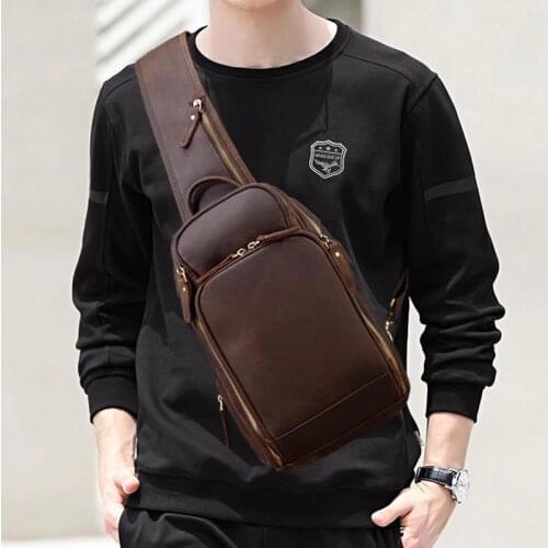 Genuine Leather Mens Chest bag Vintage cow leather USB Charging Summer Crossbody Bag Travel Sling Shoulder Bags Crossbody bags