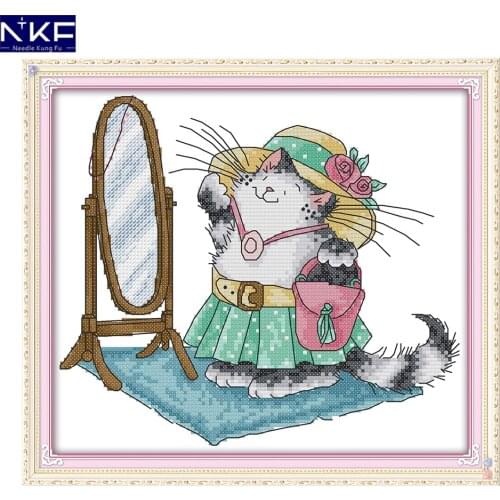 NKF A Make-up Cat Animal Cross Stitch Set Handmade Craft Needlework Cross-Stitch Embroidery Kit Cross Stitch for Home Decor