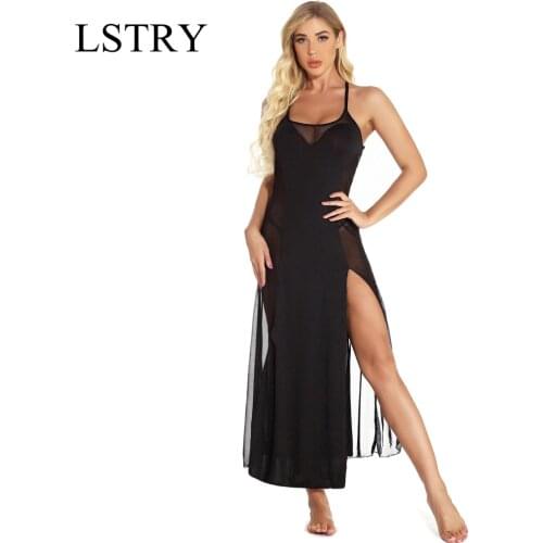 New Floral Mesh Vintage Sexy Slip Women Black Halter Cut Out Backless Lingerie 2021 Slim Sleepwear Semi Sheer Lingerie Slip