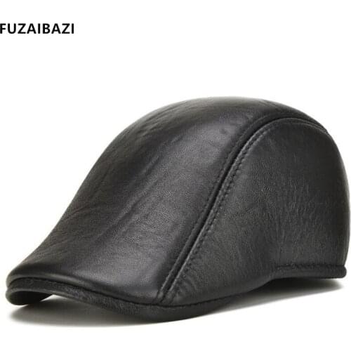 FUZAIBAZI New Genuine Leather Autumn Winter Middle Aged Mens Berets Fashion Trend Outdoor Keep Warm Sunscreen Sheepskin Hat