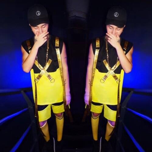 New Fashion Male suit set Yellow Tide card hip hop alphabet posted strap Vest Set Nightclub singer dj performance set