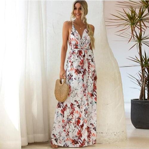 Women Boho Long Maxi Dress Flora Print Spaghetti Strap 2021 Summer Dress Beach Sexy V-neck Backless High Split Robe Longue Femme