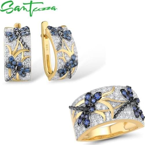 SANTUZZA 925 Silver Jewelry Set For Women Pure 925 Sterling Silver Gold Color Delicate Blue Dragonfly Trendy Gift Fine Jewelry
