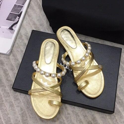 Elegant Pearl Designer Women Slippers Opend Toe Flip Flops Luxury Brand Genuine Leather Women Shoes Simple Flat Casual Slippers